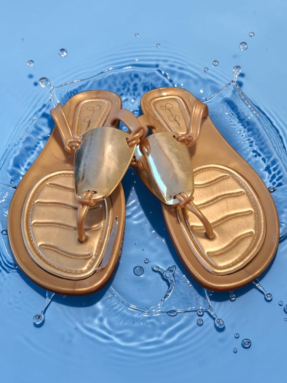Jessica Simpson metallic gold jelly thong Sandals Ornament Womens Size 7 Summer